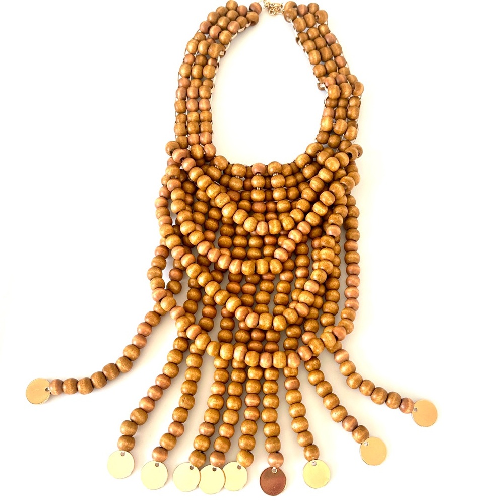 BOLD ARTISAN BIB | Handcrafted Tribal-Inspired Tiered Wood Bead Necklace | NEW - Picture 3 of 5